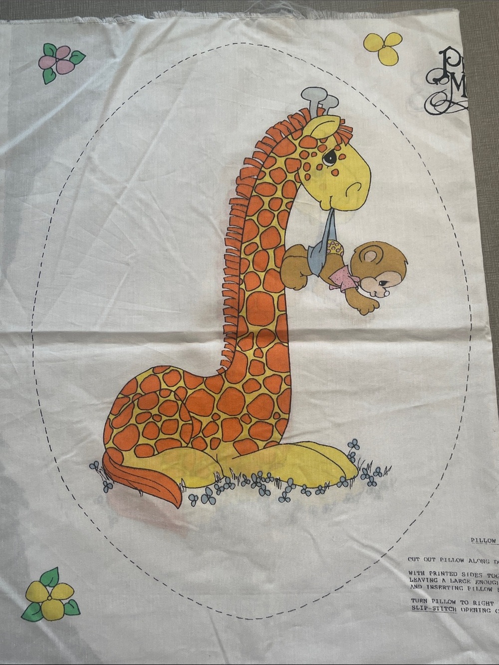 Precious Moments cut and sew Giraffe with Baby Monkey Pillow panel + appliqués